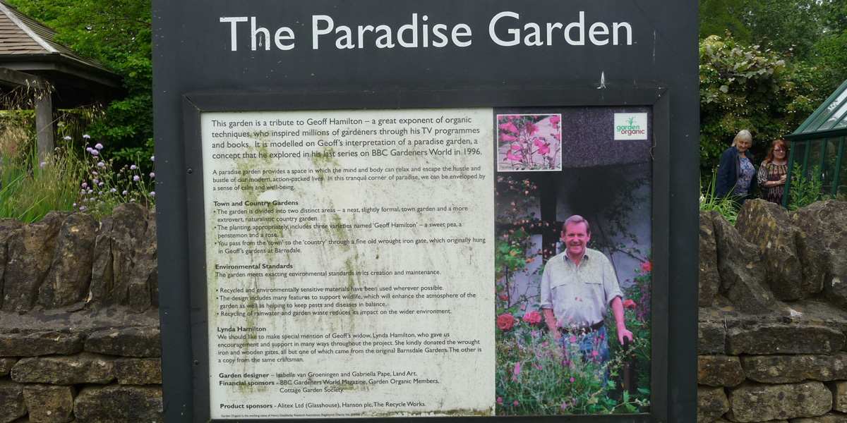 Geoff Hamilton's picture on the sign at the replica of his Paradise Garden