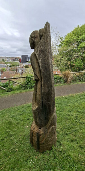 Wooden sculpture of Kupe in the South Seas garden, Pannet Park, Whitby