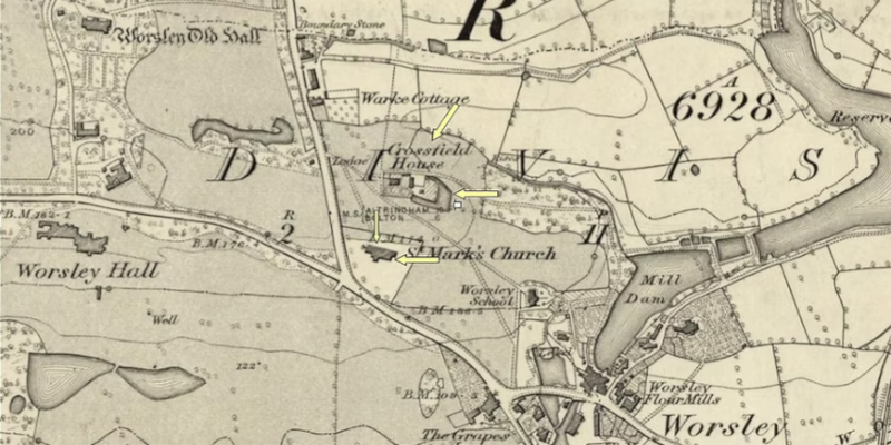 Worsley New Hall and St Mark's Church on OS Map 1848