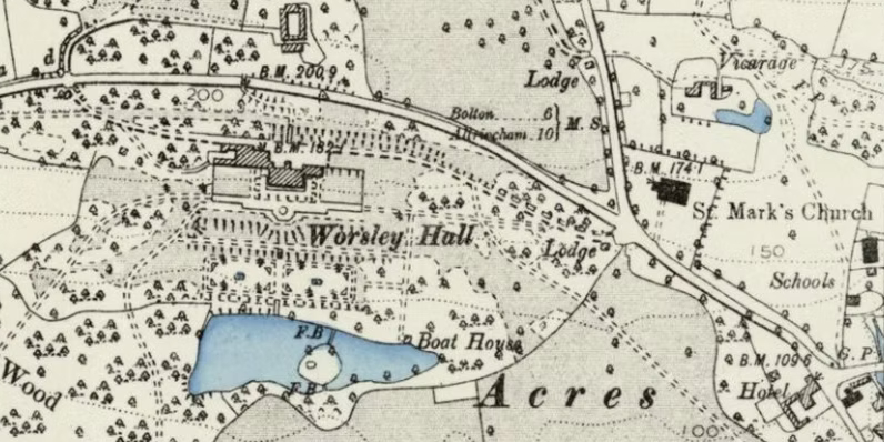 Worsley New Hall and St Mark's Church on OS Map 1894