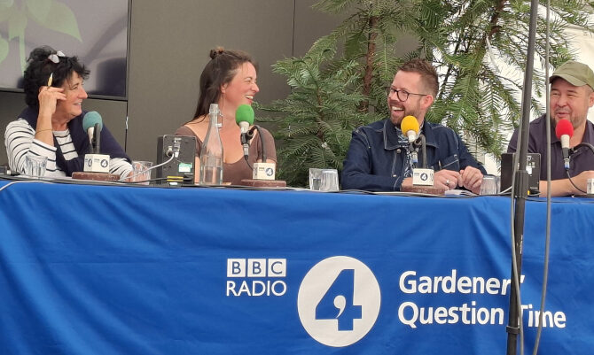 Pippa Greenwood, Frances Tophill, Matthew Pottage, James Wong as Gardeners' Question Time panelists.